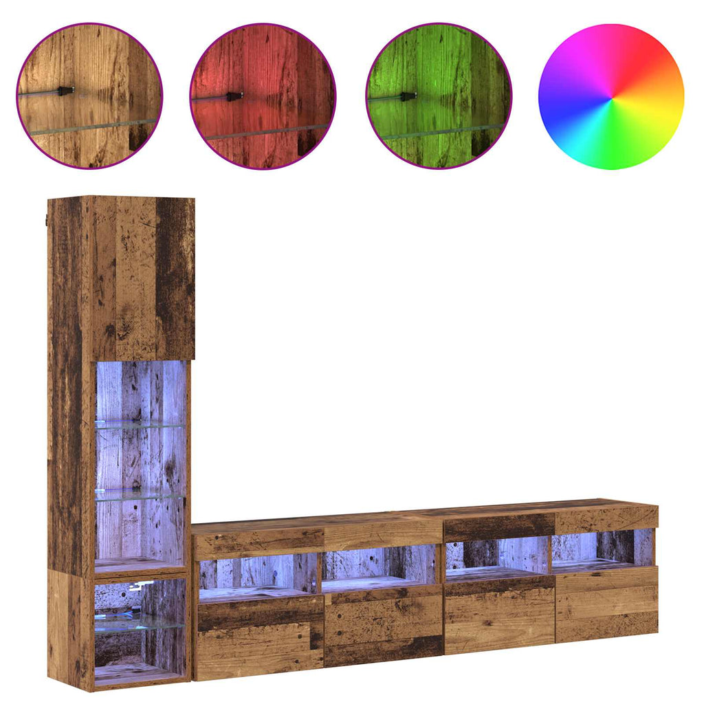 vidaXL TV-Wandmöbel mit LED Wandmontiert 4 pcs Altholz Holzwerkstoff
