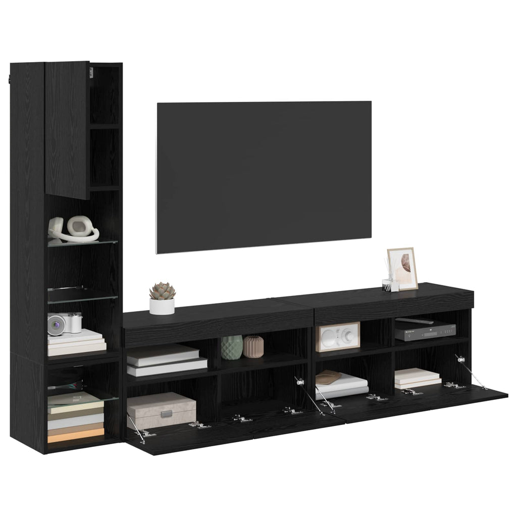 vidaXL TV-Wandmöbel mit LED 4 pcs Schwarz Eichen-Optik Holzwerkstoff