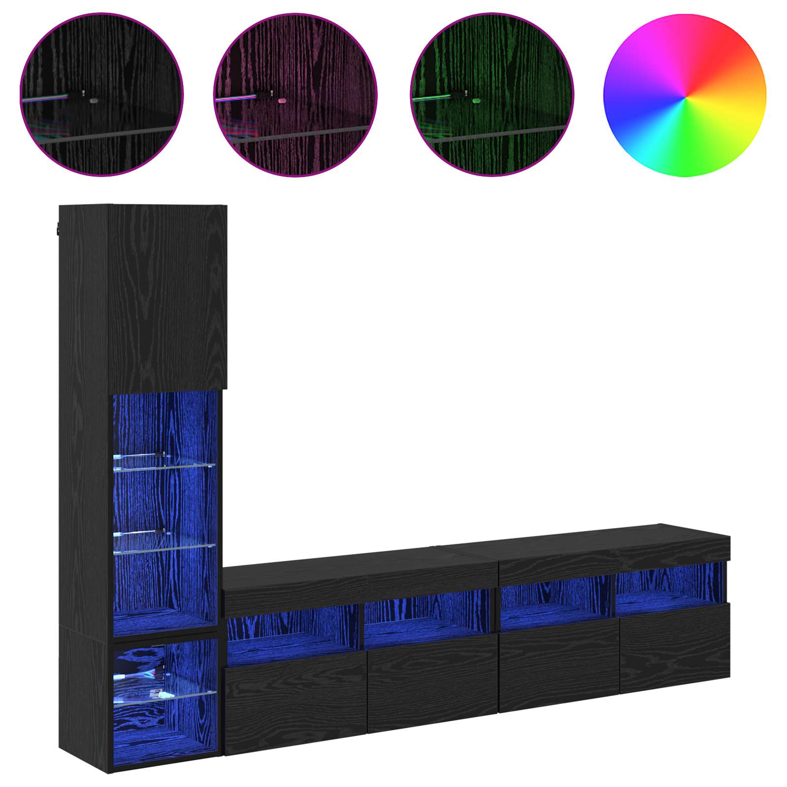 vidaXL TV-Wandmöbel mit LED 4 pcs Schwarz Eichen-Optik Holzwerkstoff