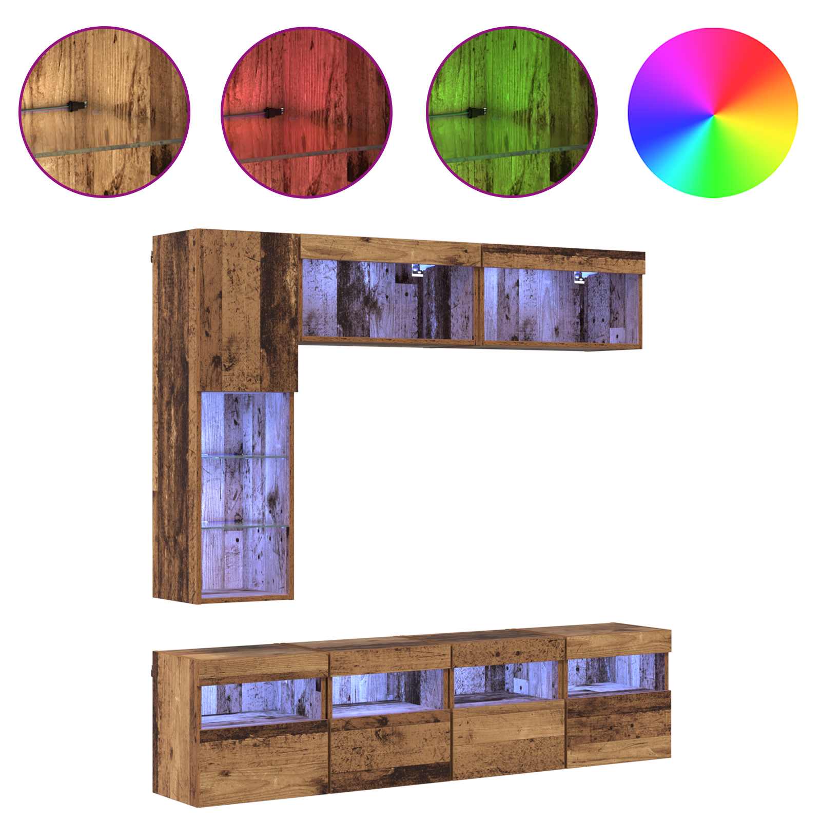 vidaXL TV-Schränk mit LED Wandmontiert 7 pcs Altholz Holzwerkstoff