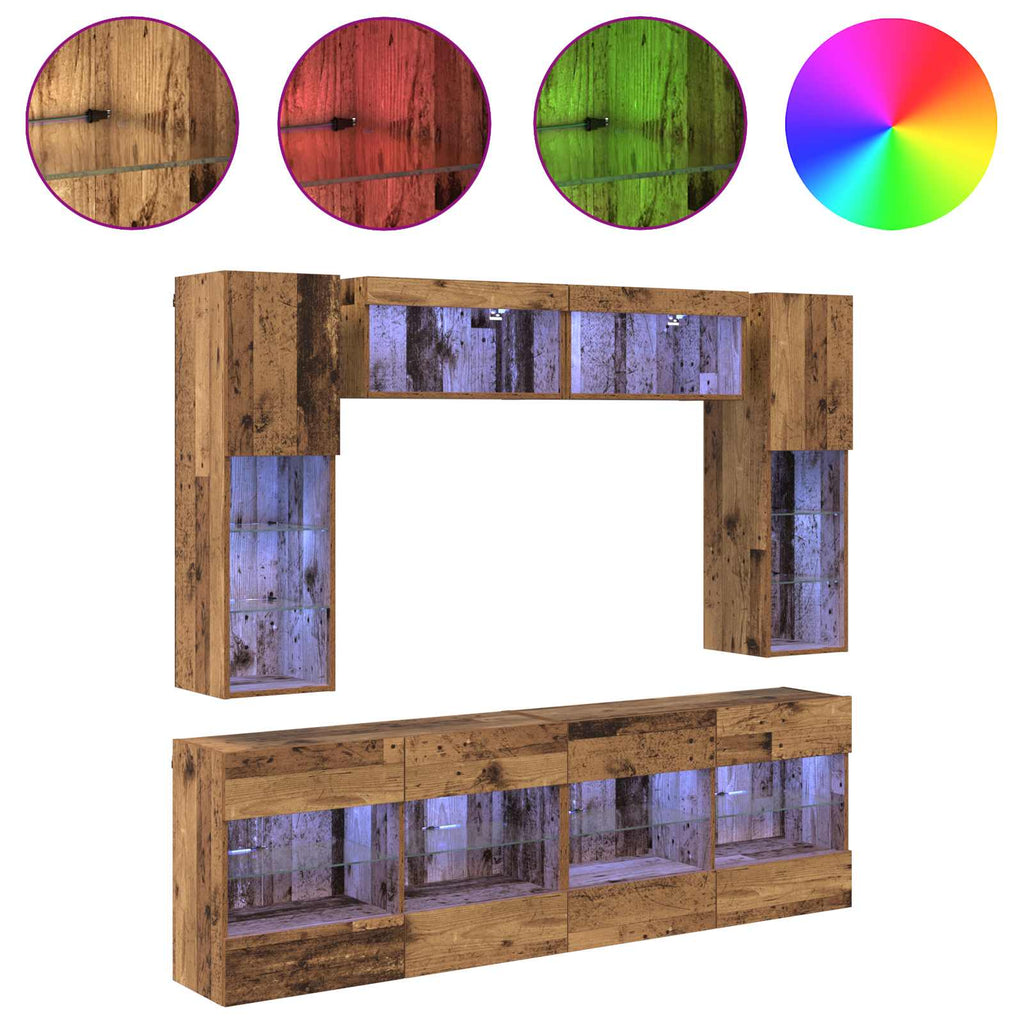 vidaXL TV-Wandregal-Set mit LED 6 pcs Altholz Holzwerkstoff