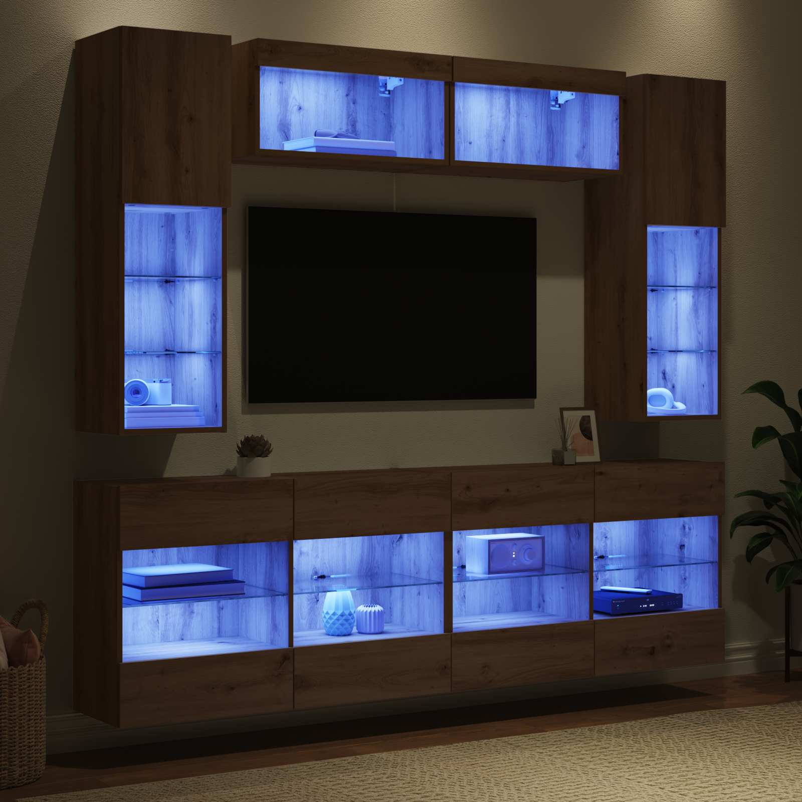 vidaXL TV-Wandregal-Set mit LED 6 pcs Artisan-Eiche Holzwerkstoff