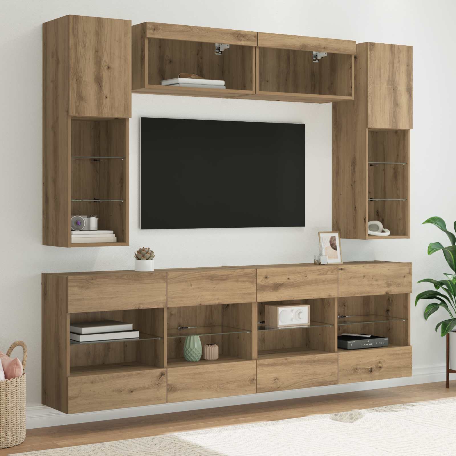 vidaXL TV-Wandregal-Set mit LED 6 pcs Artisan-Eiche Holzwerkstoff