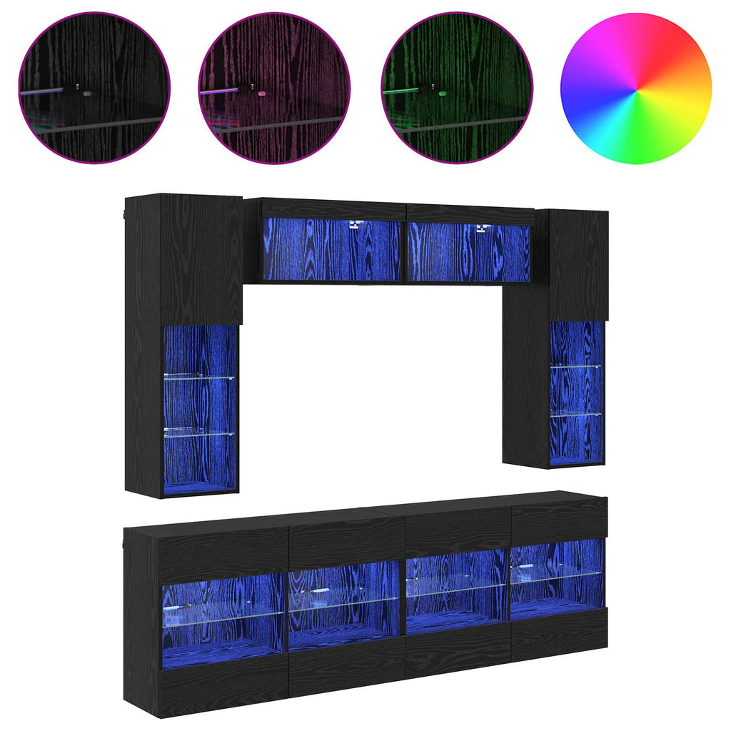 vidaXL TV Wandmöbel Set mit LED 6 Stk. Schwarz Eiche Holzwerkstoff