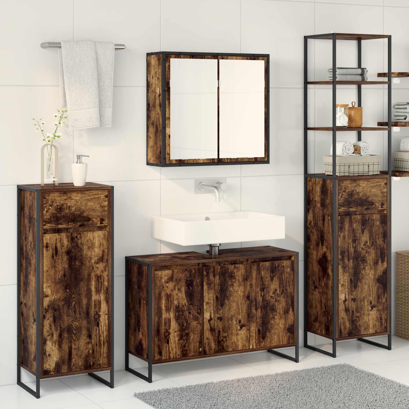 vidaXL Badezimmermöbel-Set mit Regal Geräucherte Eiche Holzwerkstoff