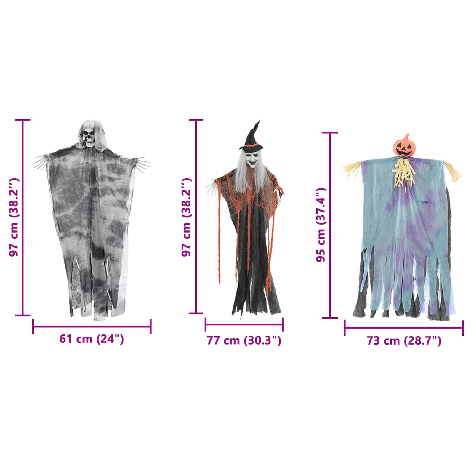 vidaXL Hängender Halloween Geist 3 pcs Mehrfarbig 61 x 97 cm Polyester
