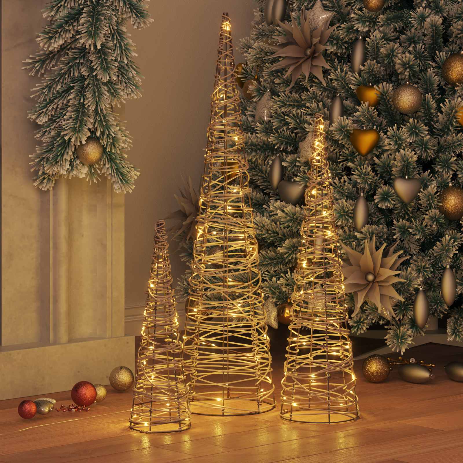vidaXL Weihnachtsbaum 3 pcs Warmweiß 20 x 20 x 80 cm Rattan