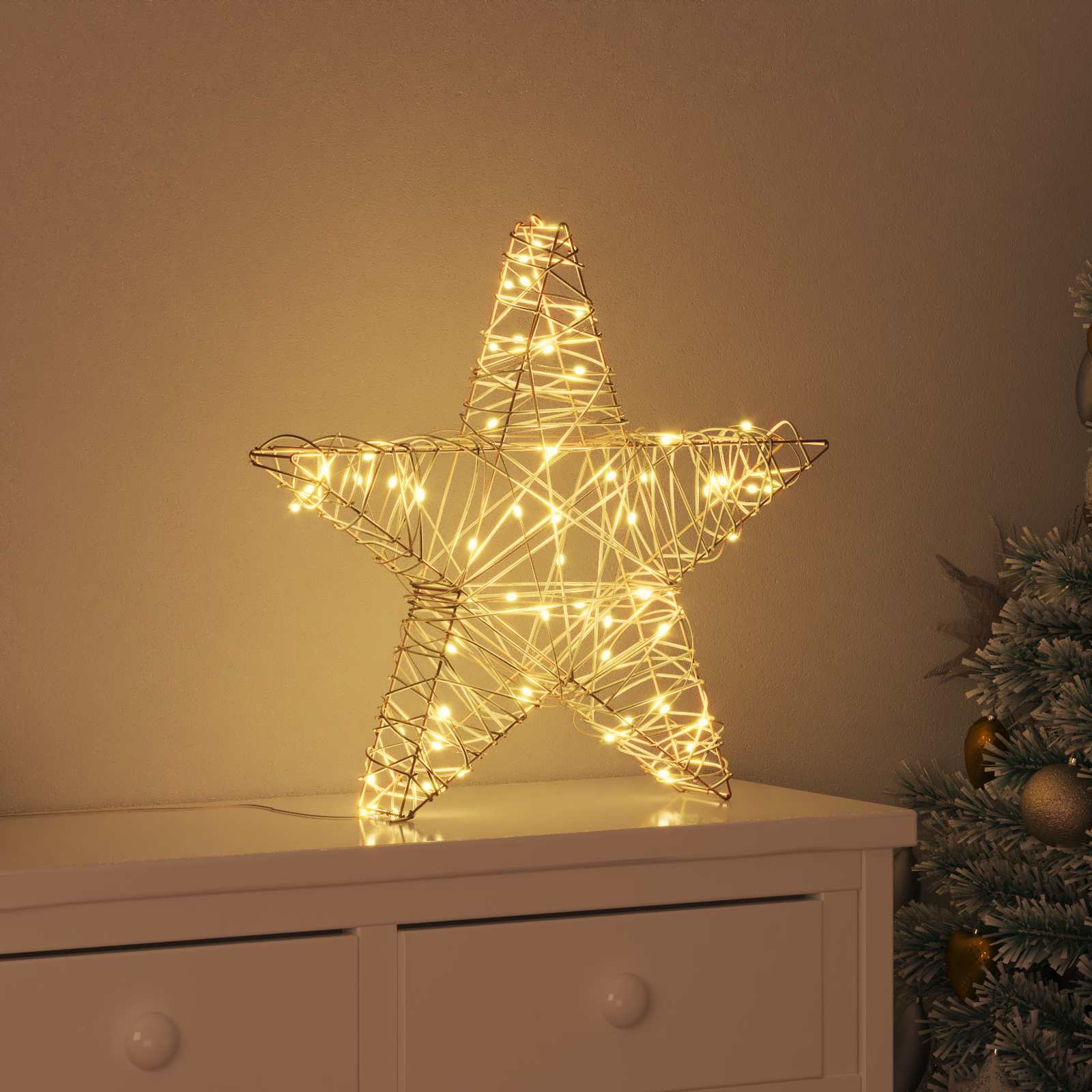vidaXL 3D Stern mit 50 LEDs Warmweiß 55 x 52,5 x 9 cm Rattan