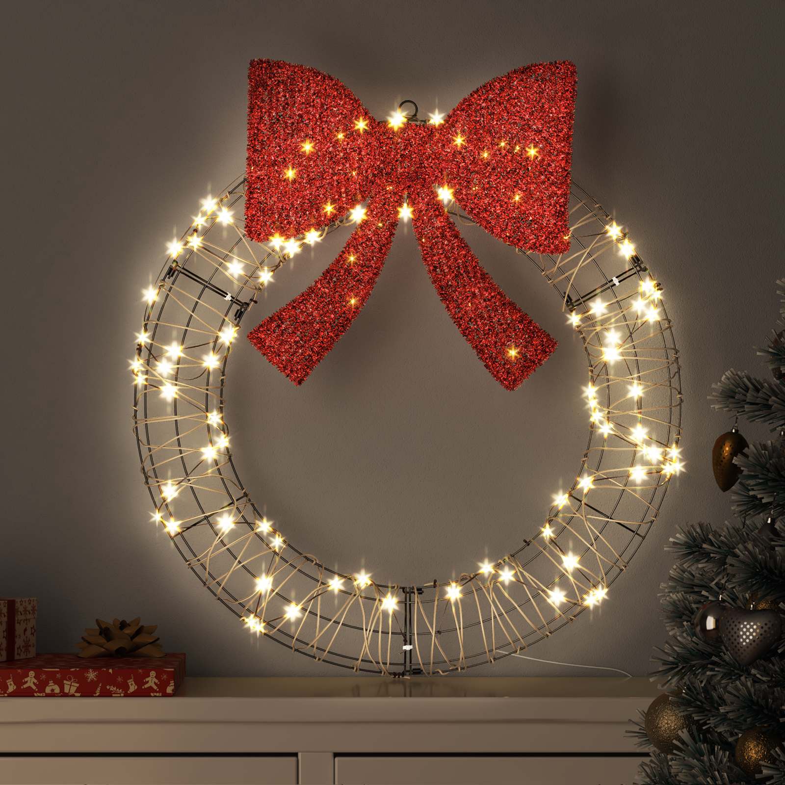 vidaXL Kranz mit 60 LEDs Warmweiß 75 x 75 x 8 cm Rattan