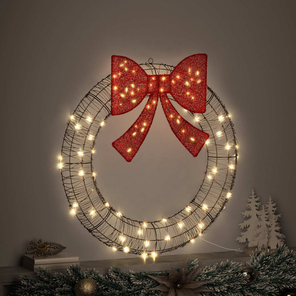 vidaXL Kranz mit 80 LEDs Warmweiß 90 x 90 x 9 cm Rattan