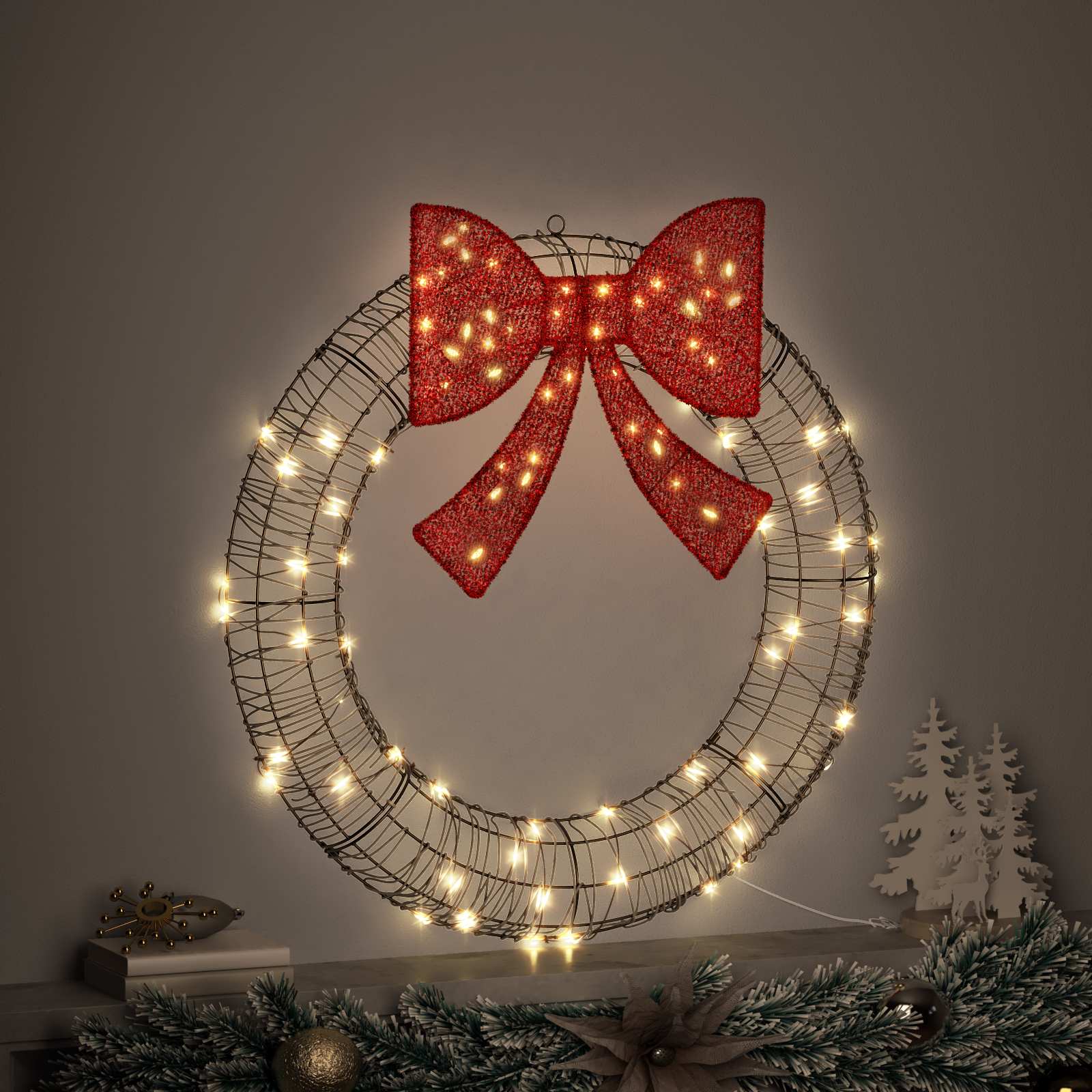 vidaXL Kranz mit 80 LEDs Warmweiß 90 x 90 x 9 cm Rattan