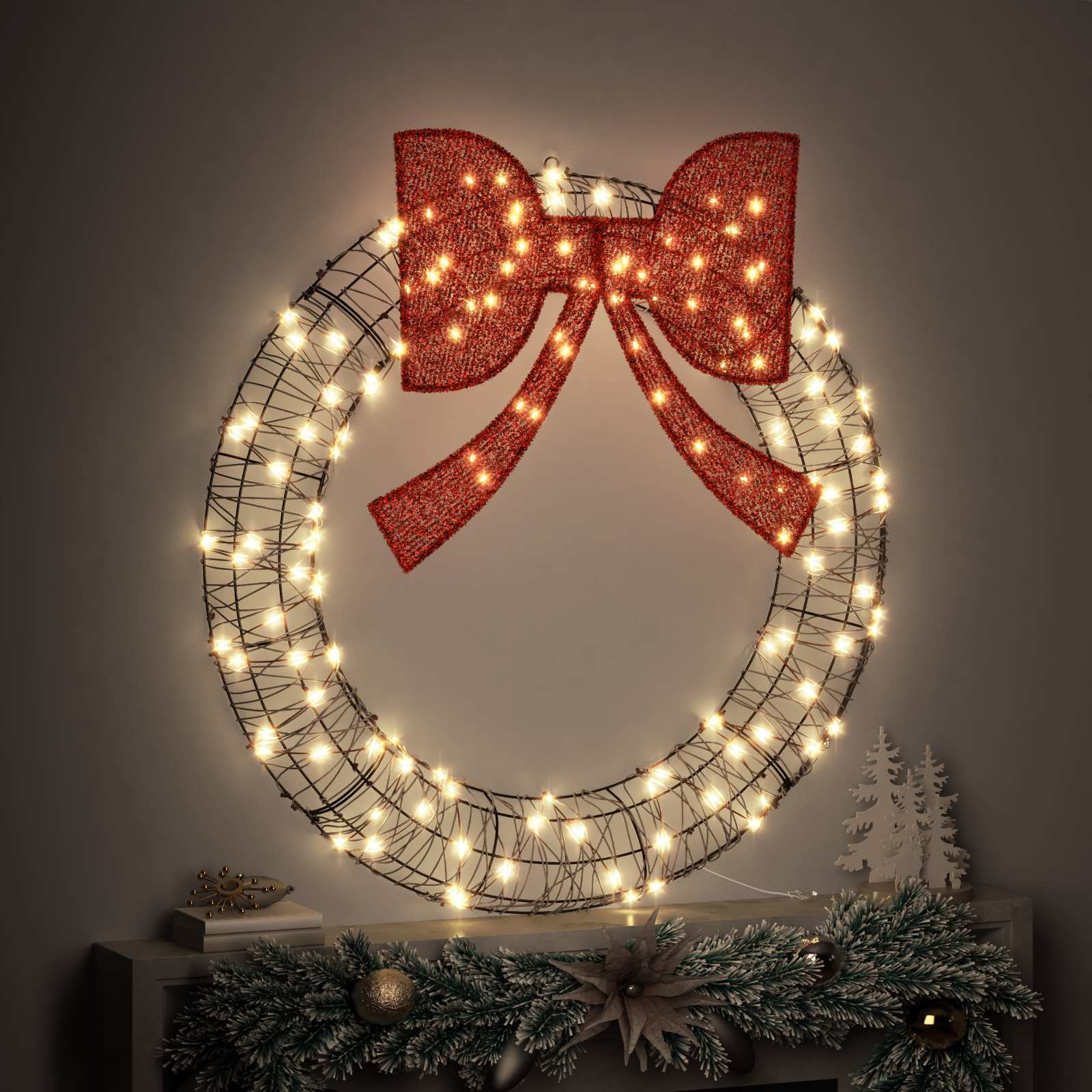 vidaXL Kranz mit 150 LEDs Warmweiß 121 x 121 x 10 cm Rattan
