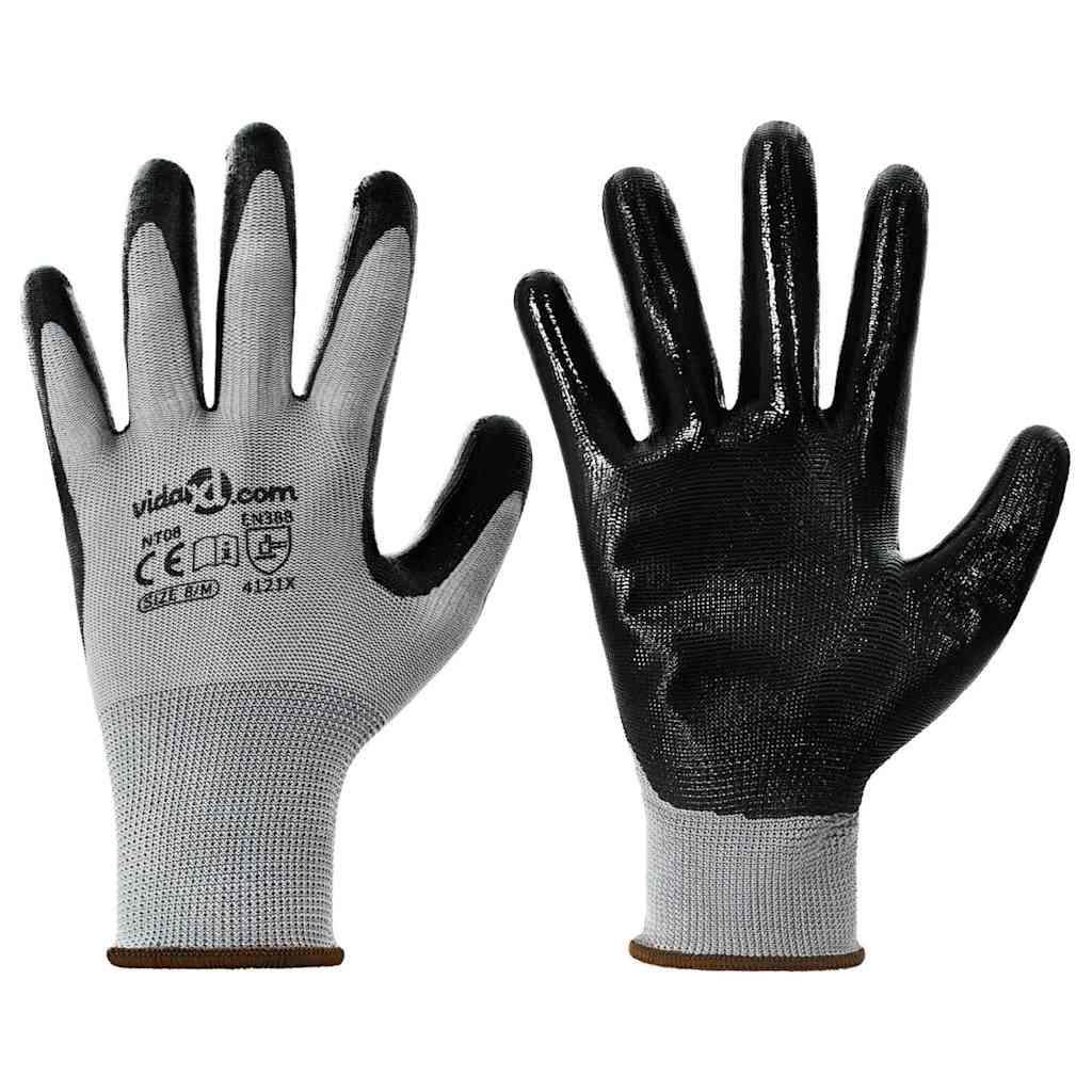 vidaXL Arbeitshandschuhe 12 pcs Grau und Schwarz 8 / m Polyester