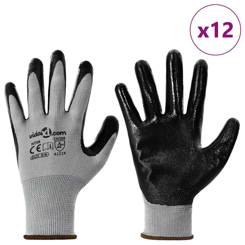 vidaXL Arbeitshandschuhe 12 pcs Grau und Schwarz 8 / m Polyester
