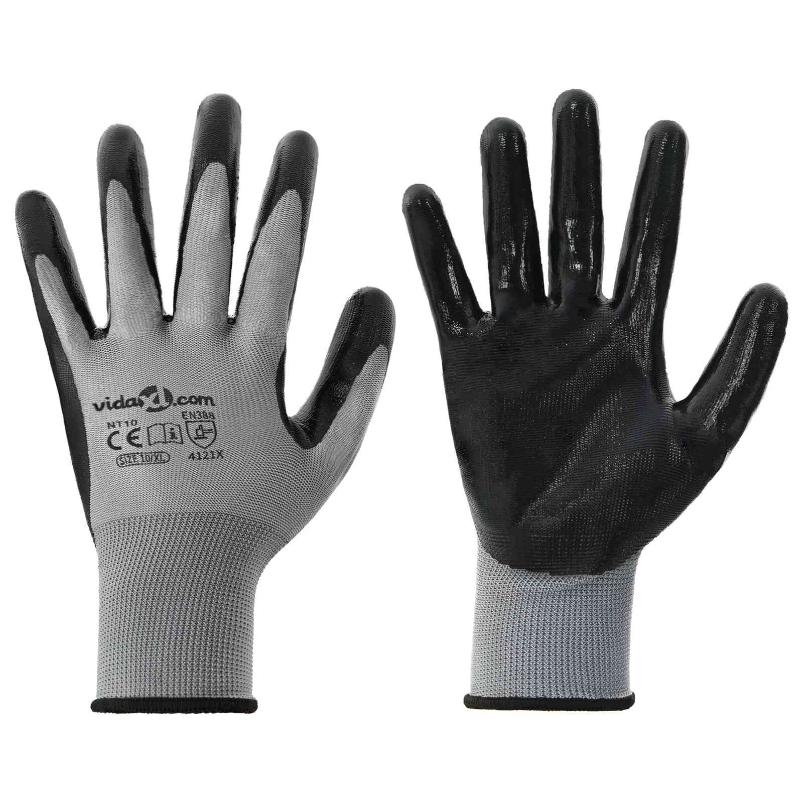 vidaXL Arbeitshandschuhe 12 pcs Grau und Schwarz 10 / XL Polyester