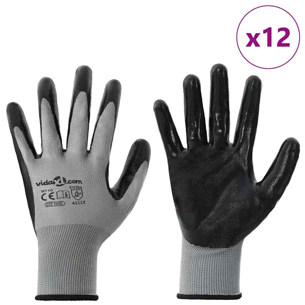 vidaXL Arbeitshandschuhe 12 pcs Grau und Schwarz 10 / XL Polyester
