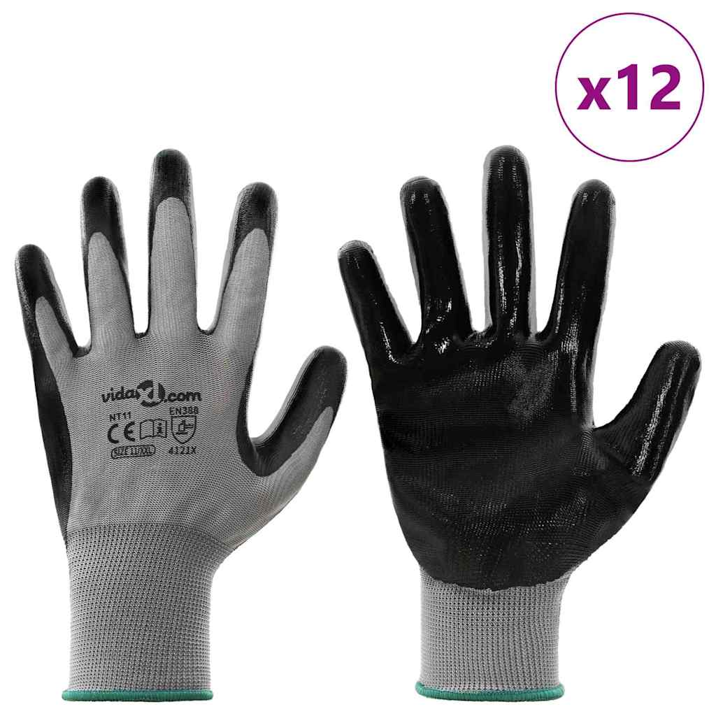 vidaXL Arbeitshandschuhe 12 pcs Grau und Schwarz 11 / XXL Polyester