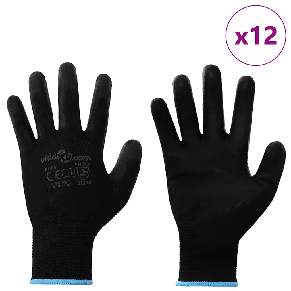 vidaXL Arbeitshandschuhe 12 pcs Schwarz 9 / l Polyester