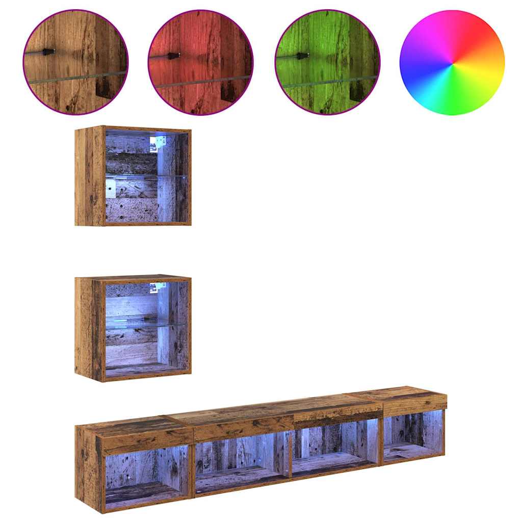 vidaXL TV Wand Einheiten mit LED mit LED 5 pcs Altholz Holzwerkstoff