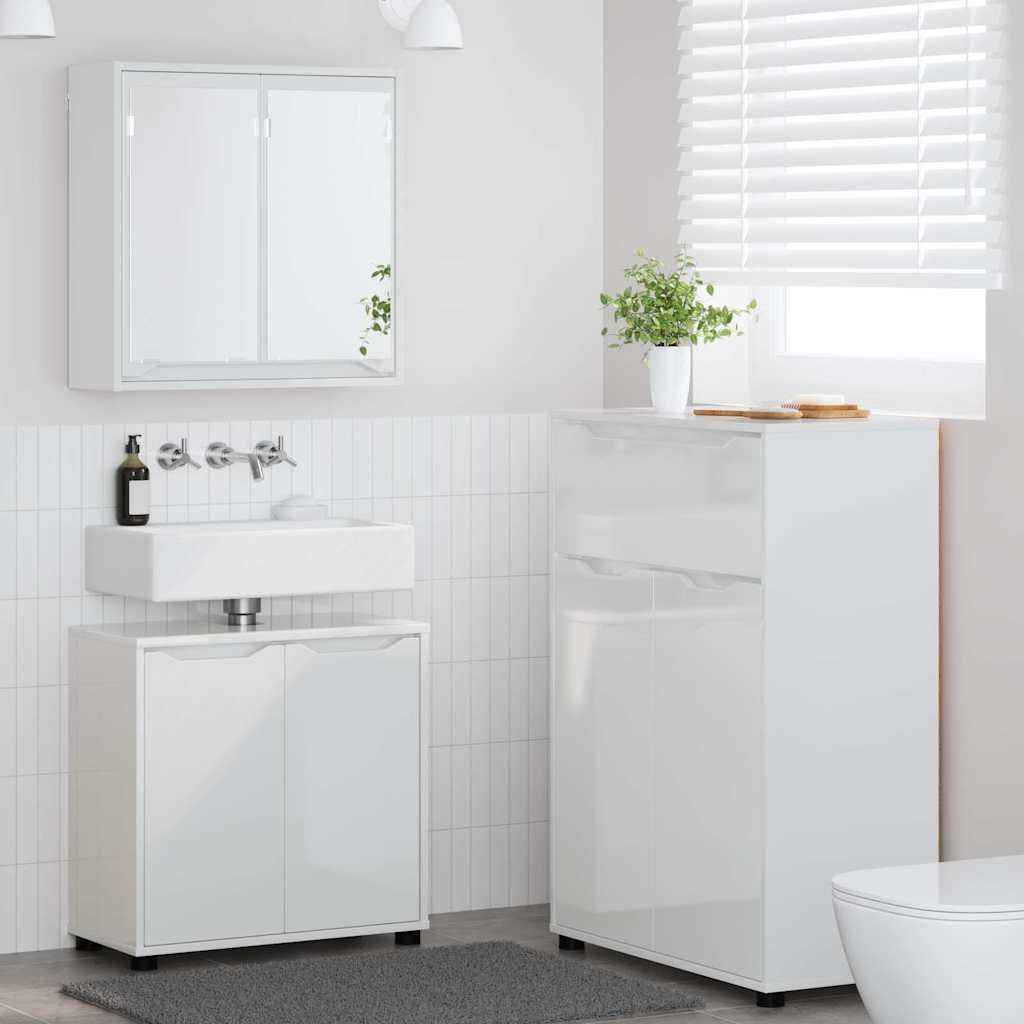 vidaXL Badezimmermöbel-Set Mit Rad 3 pcs Hochglanz Weiß Holzwerkstoff