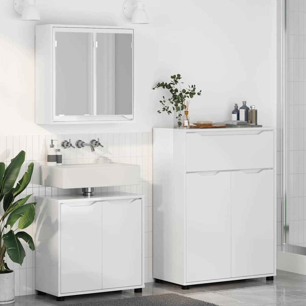 vidaXL Badezimmermöbel-Set Mit Rad 3 pcs Hochglanz Weiß Holzwerkstoff