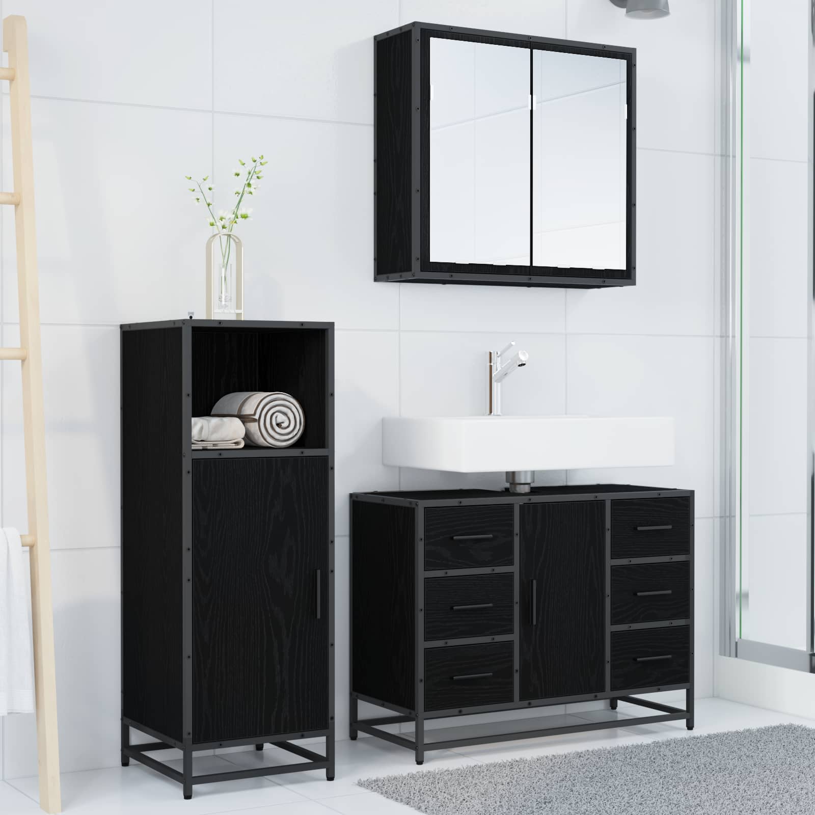 vidaXL Badezimmermöbel-Set 3 pcs Schwarz Eichen-Optik Holzwerkstoff