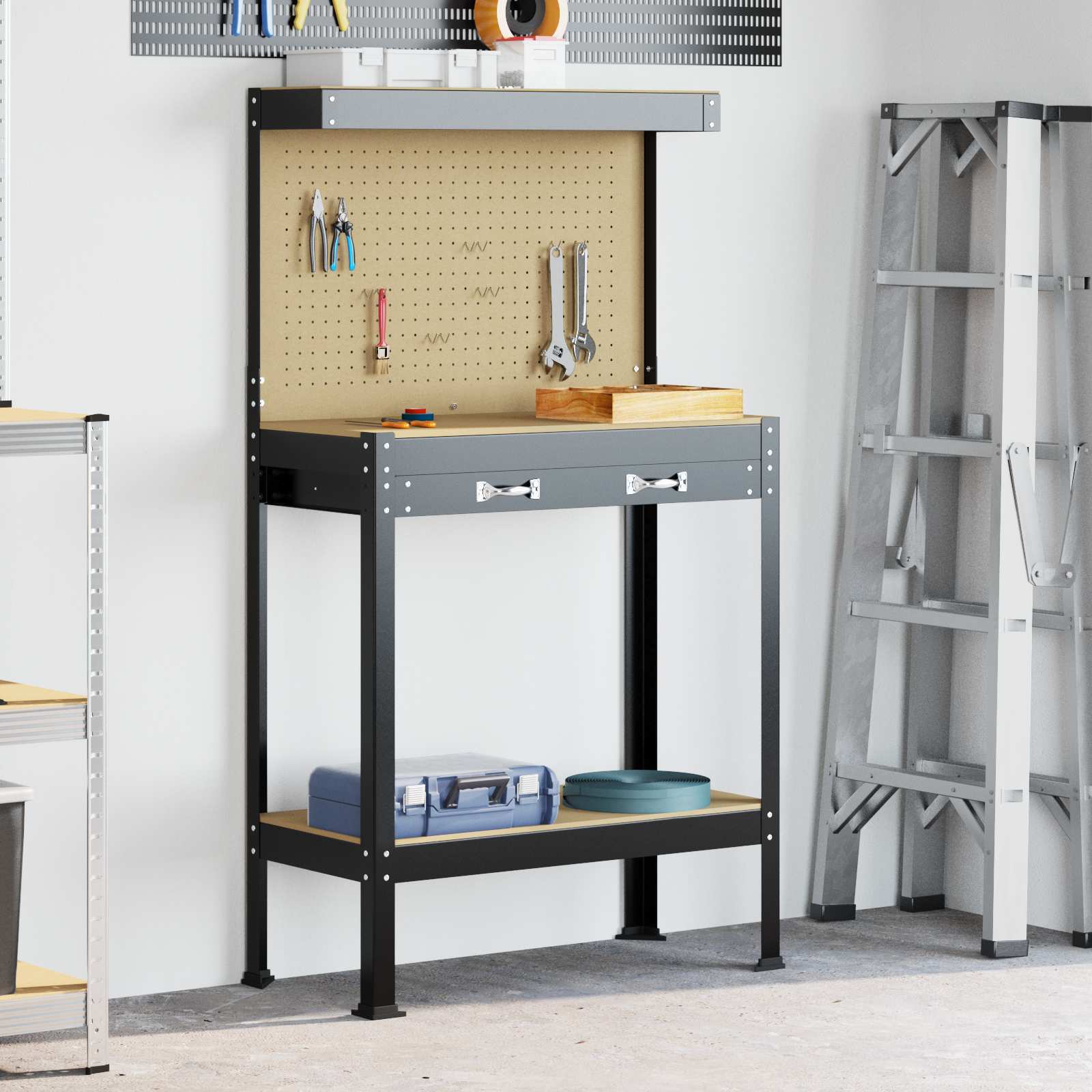 vidaXL Werkbank Schwarz 81 x 41 x 145 cm Holzwerkstoff und Metall