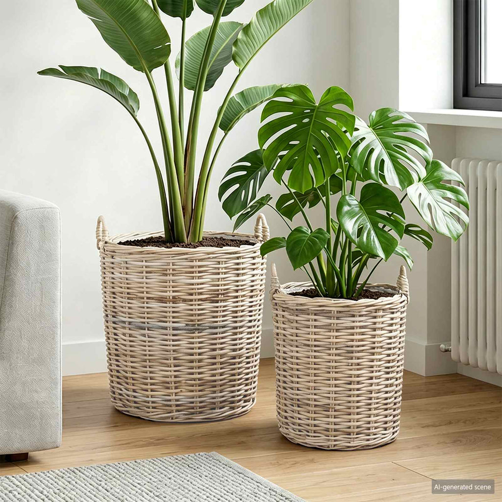 vidaXL Blumentopf Körbchen mit Speicher 2 pcs Grau Lacak Rattan