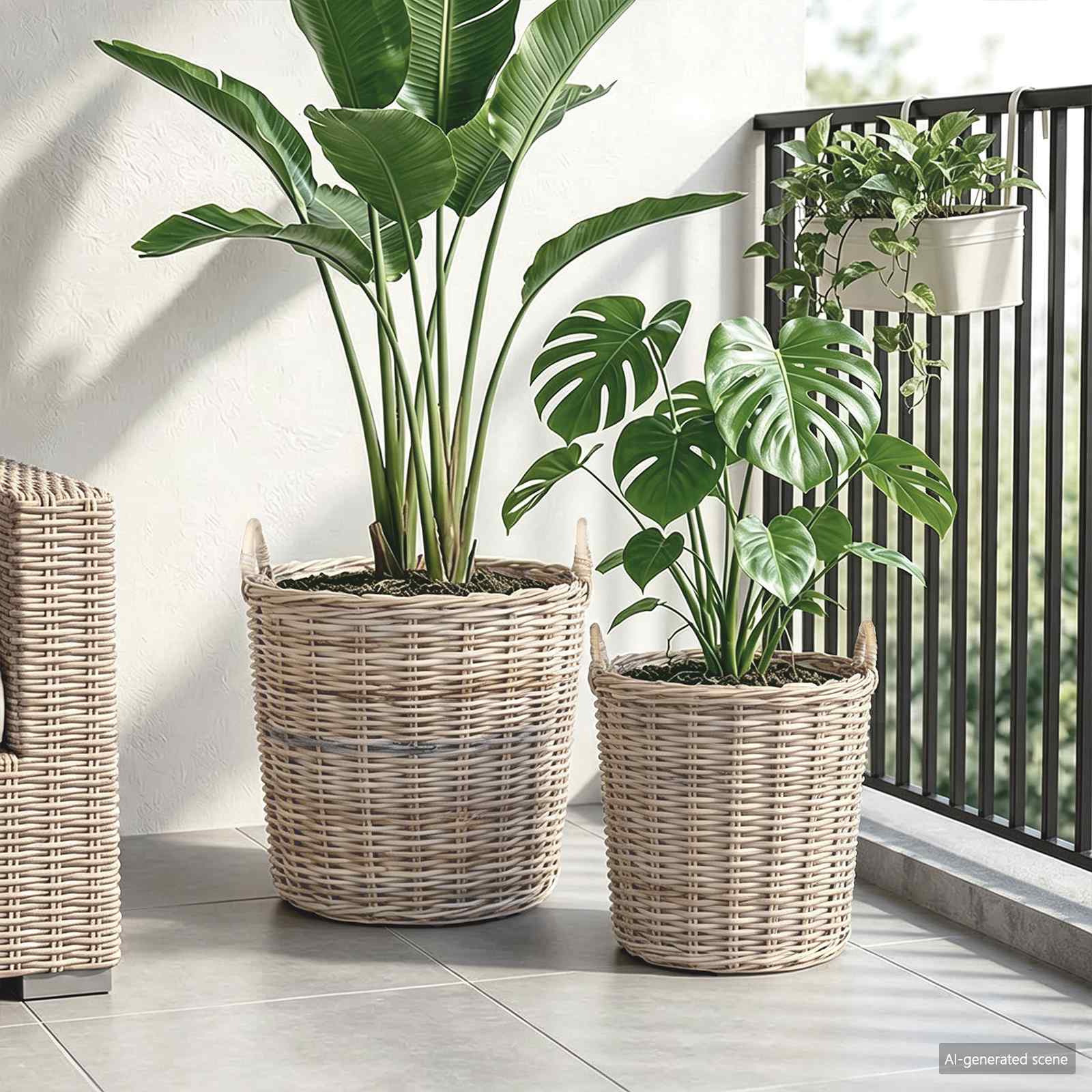 vidaXL Blumentopf Körbchen mit Speicher 2 pcs Grau Lacak Rattan
