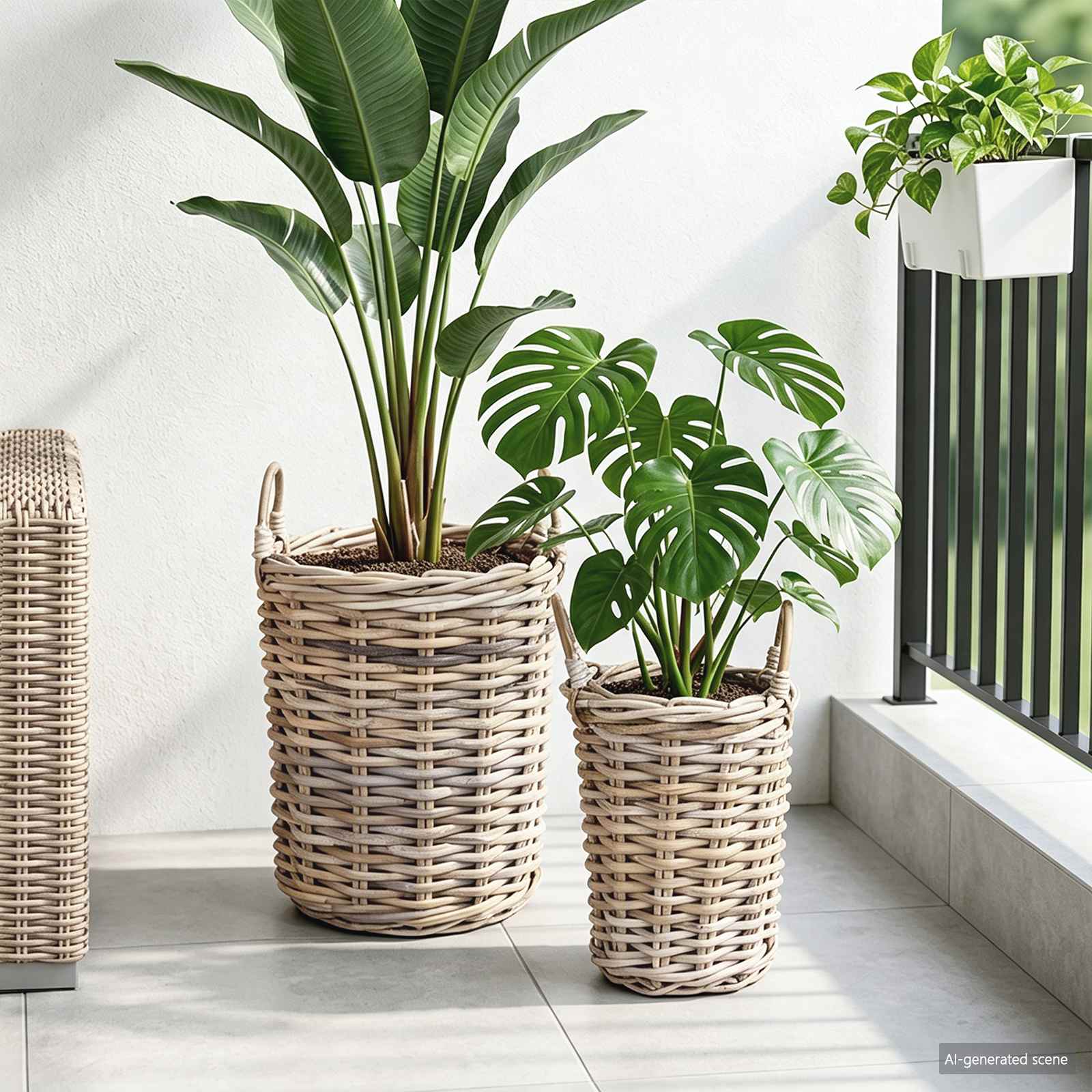 vidaXL Blumentopfkorb mit Speicher 2 pcs Grau Kubu Rattan