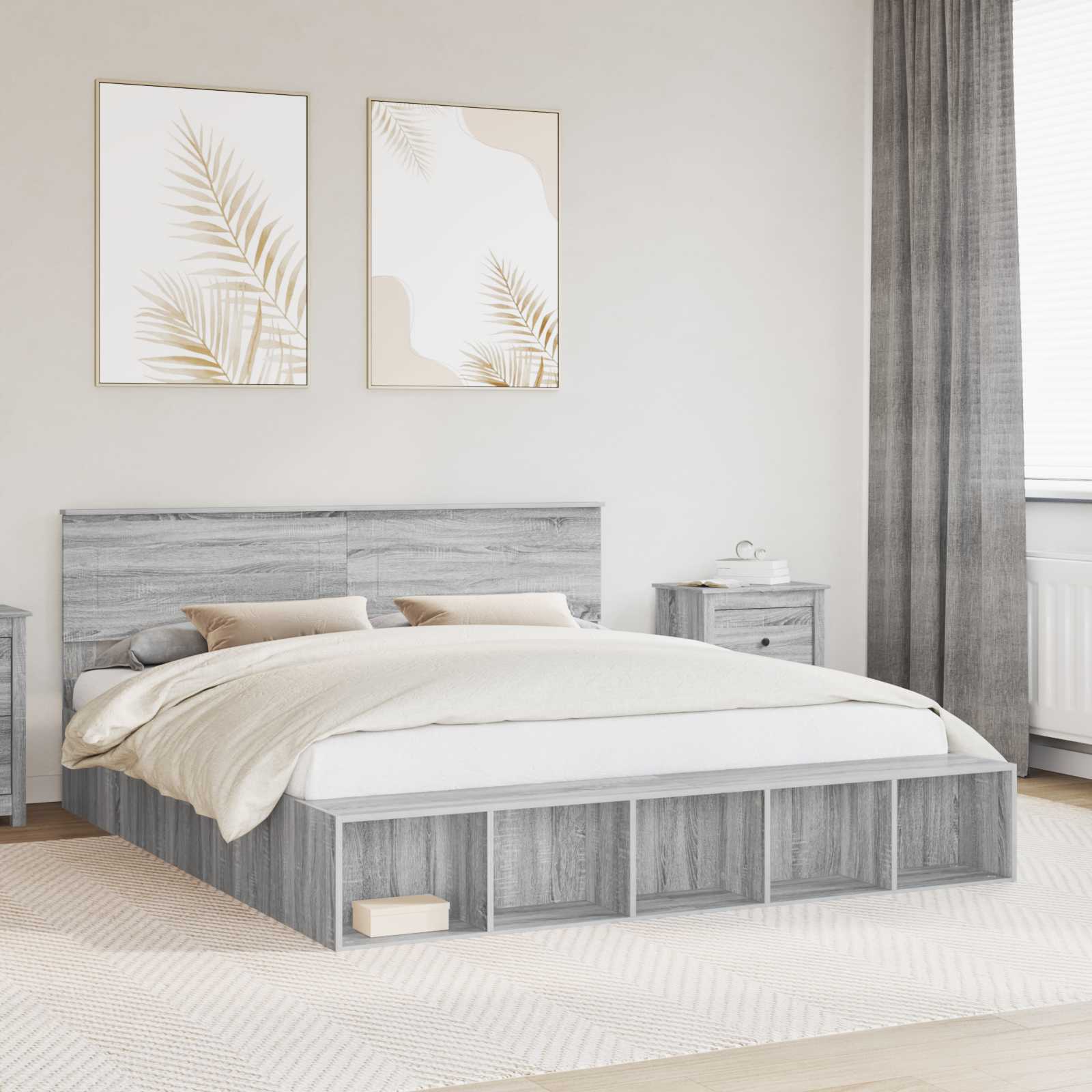 vidaXL Bettrahmen mit Regal Graues Sonoma 200 x 200 cm Holzwerkstoff