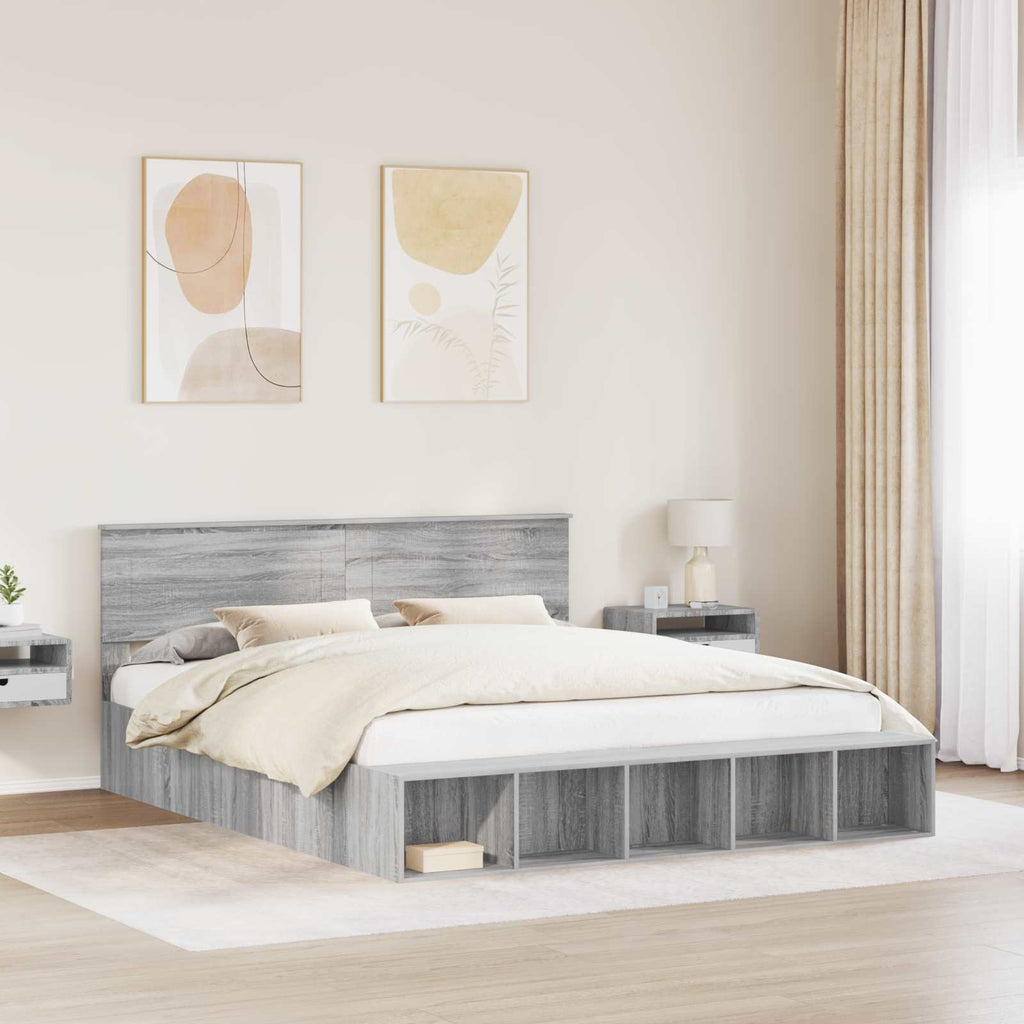 vidaXL Bettrahmen mit Regal Graues Sonoma 200 x 200 cm Holzwerkstoff