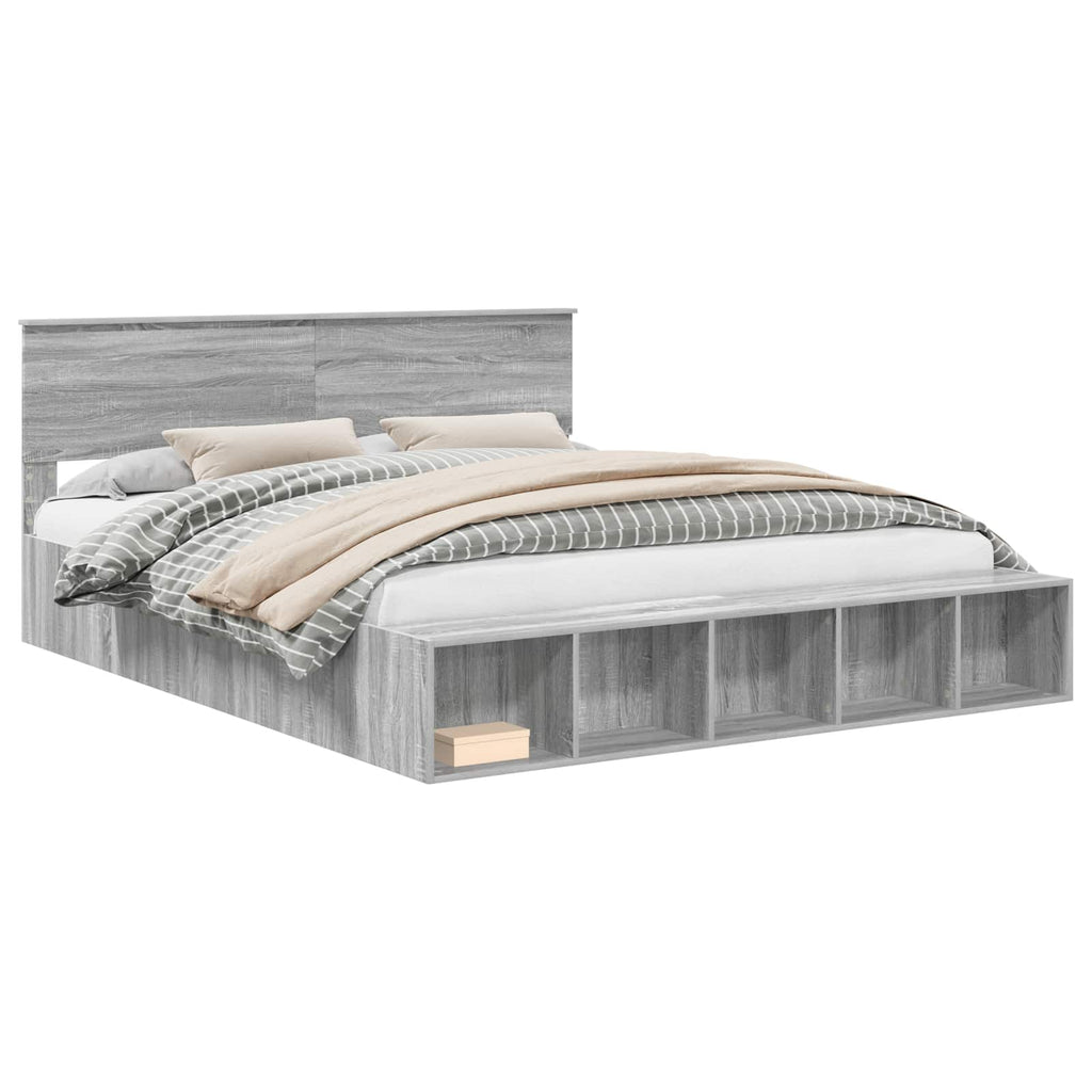 vidaXL Bettrahmen mit Regal Graues Sonoma 200 x 200 cm Holzwerkstoff