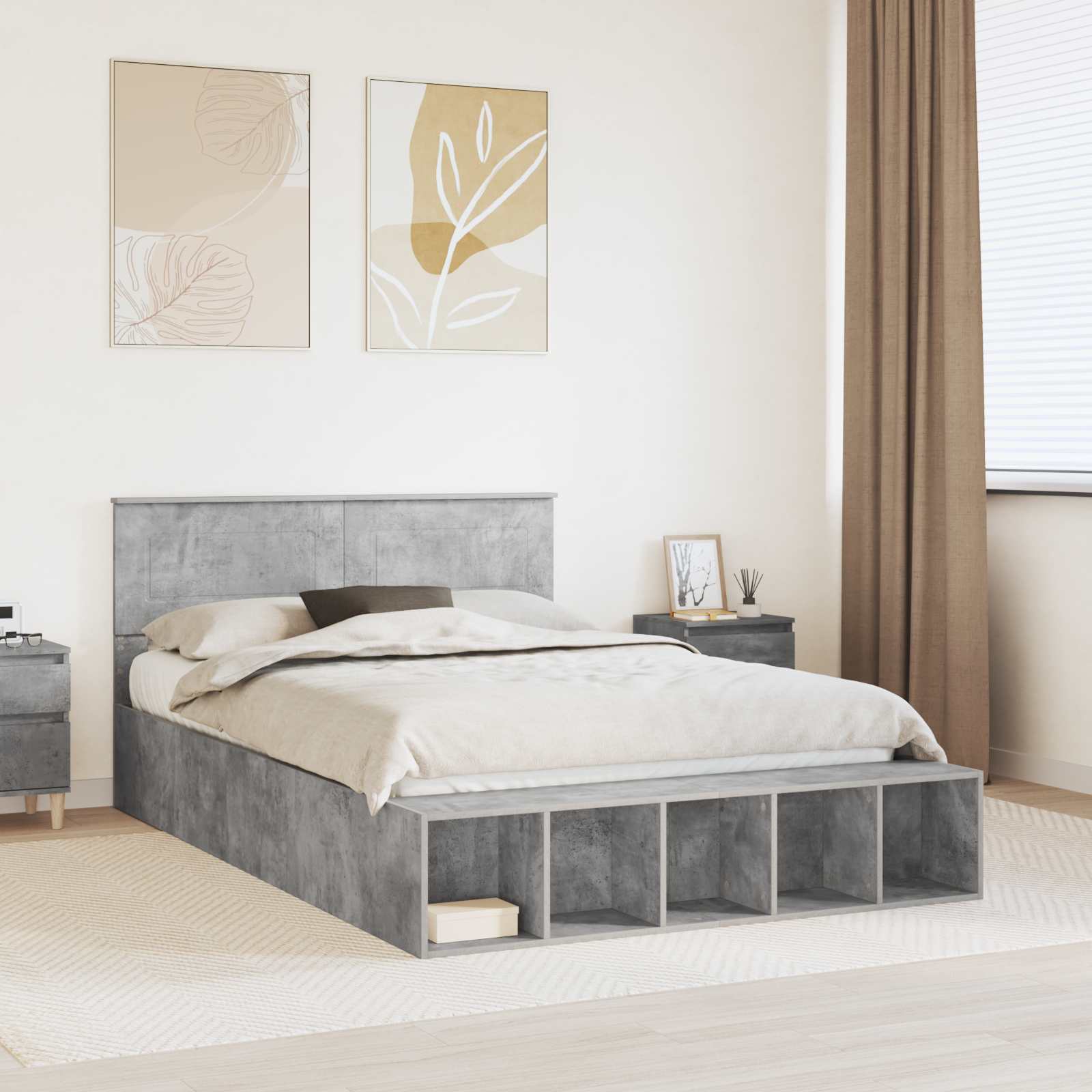 vidaXL Bettrahmen mit Regal Beton Grau 160 x 200 cm Holzwerkstoff