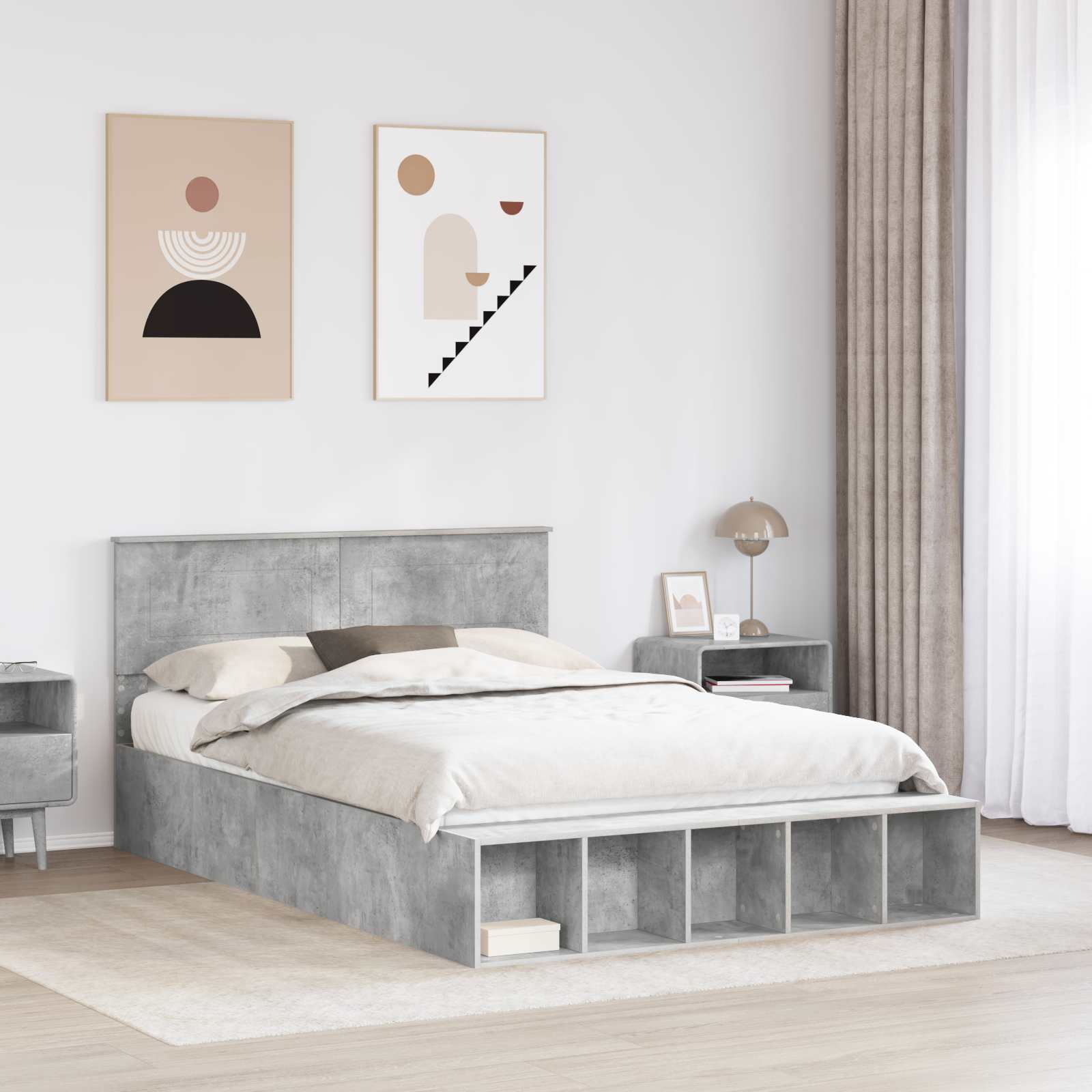 vidaXL Bettrahmen mit Regal Beton Grau 160 x 200 cm Holzwerkstoff
