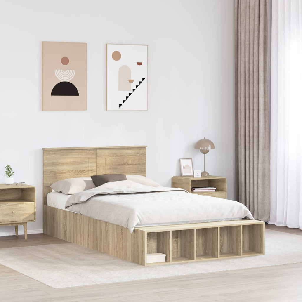 vidaXL Bettrahmen mit Regal Sonoma-Eiche 135 x 190 cm Holzwerkstoff