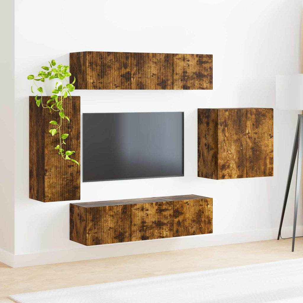 vidaXL TV-Wandregal-Set Wandmontiert 6 pcs Geräucherte Eiche