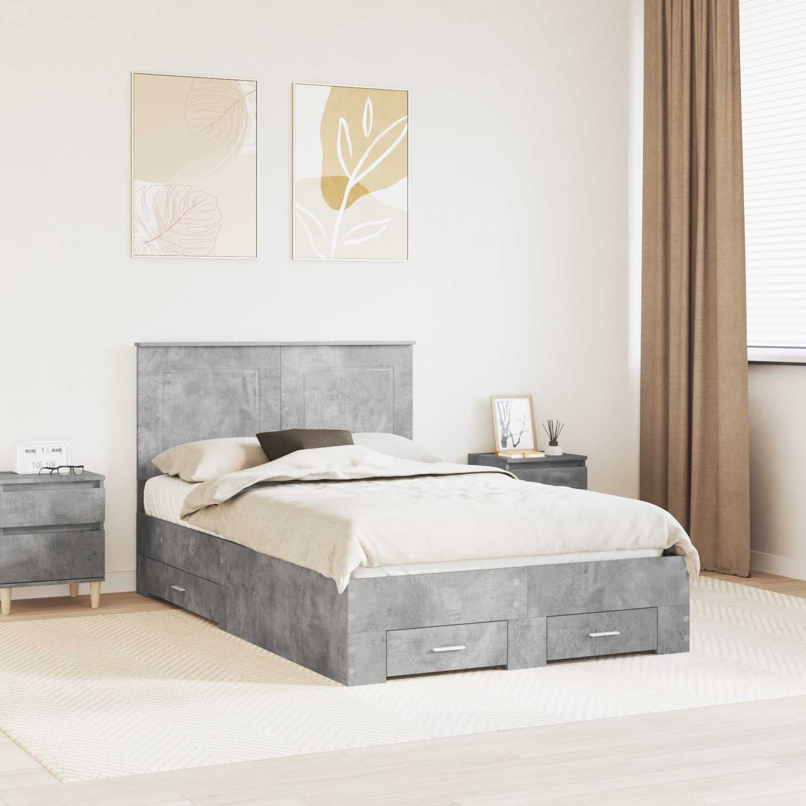 vidaXL Bettrahmen mit Schubladen Beton Grau 135 x 190 cm Holzwerkstoff