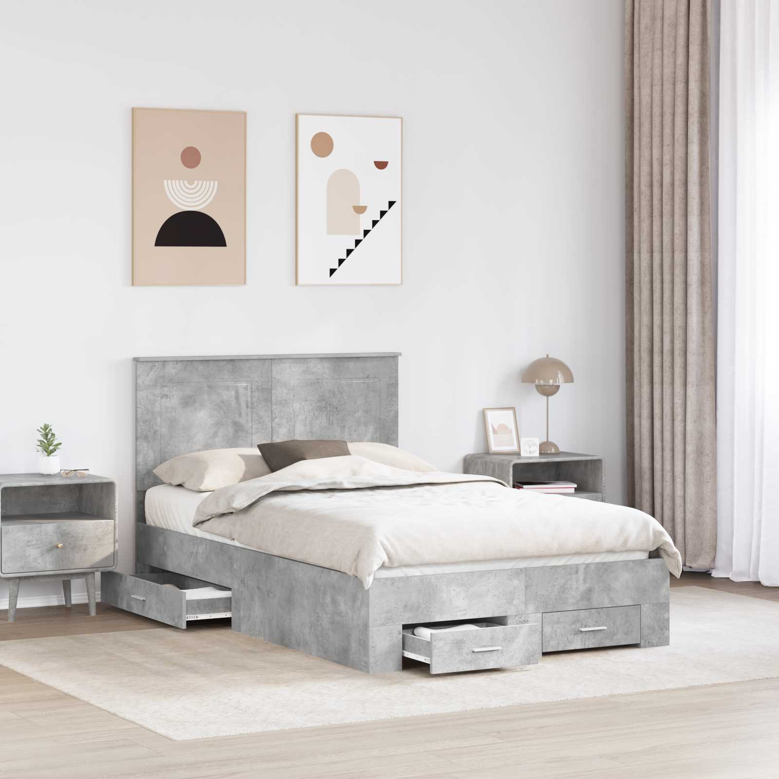 vidaXL Bettrahmen mit Schubladen Beton Grau 135 x 190 cm Holzwerkstoff