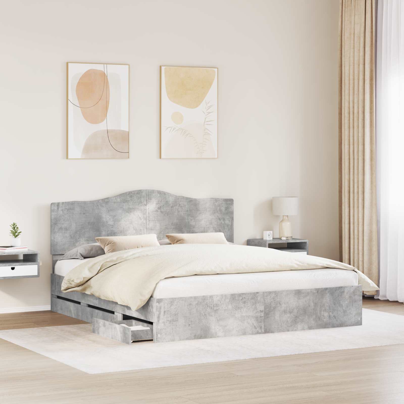 vidaXL Bettrahmen mit Kopfteil Betongrau 200 x 200 cm Ingenieurs Holz