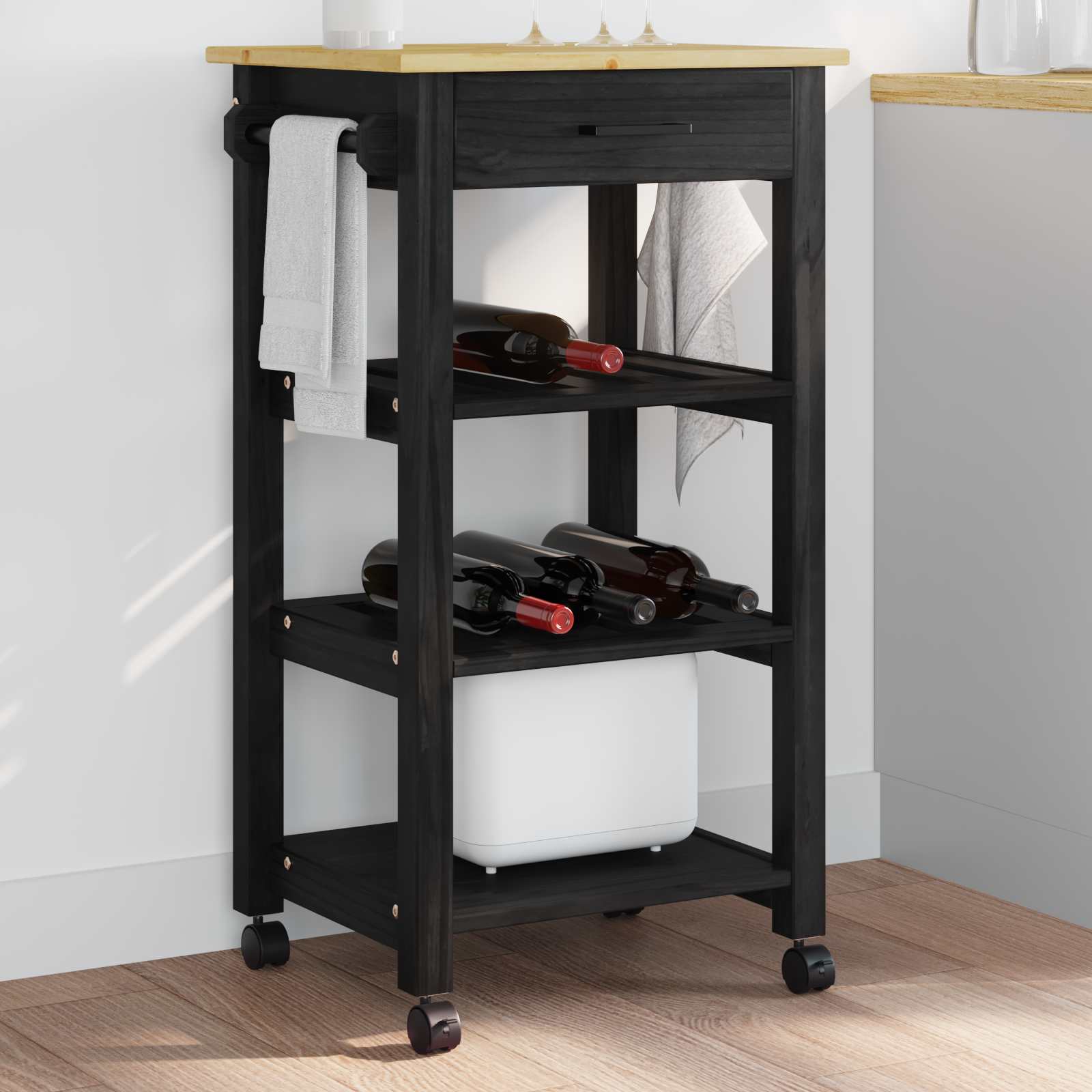 vidaXL Küchentrolley MONZA Schwarz 48 x 40 x 88,5 cm Massivholz Kiefer