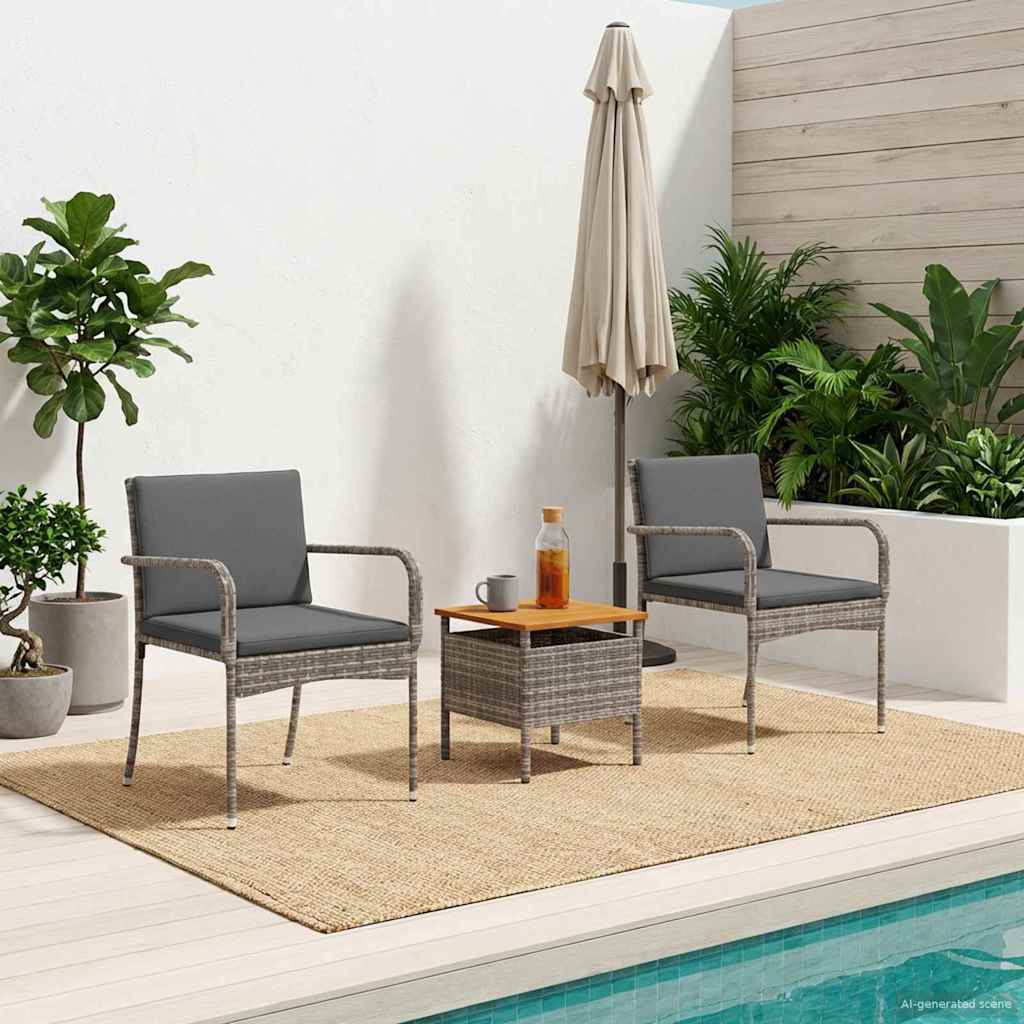 vidaXL Garten Bistro Set mit Kissen 3-teilig Grau Poly-Rattan