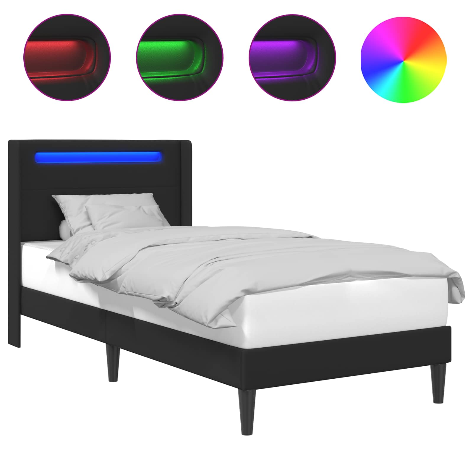 vidaXL Bettrahmen mit LED-Lichtleisten Schwarz 90 x 190 cm Kunstleder