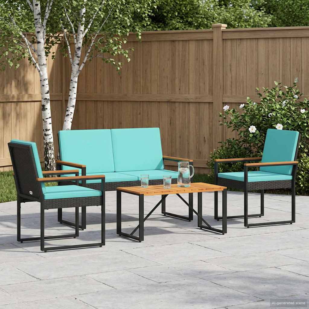 vidaXL Gartenmöbel Set mit Kissen 4 pcs Schwarz und Türkis Poly-Rattan