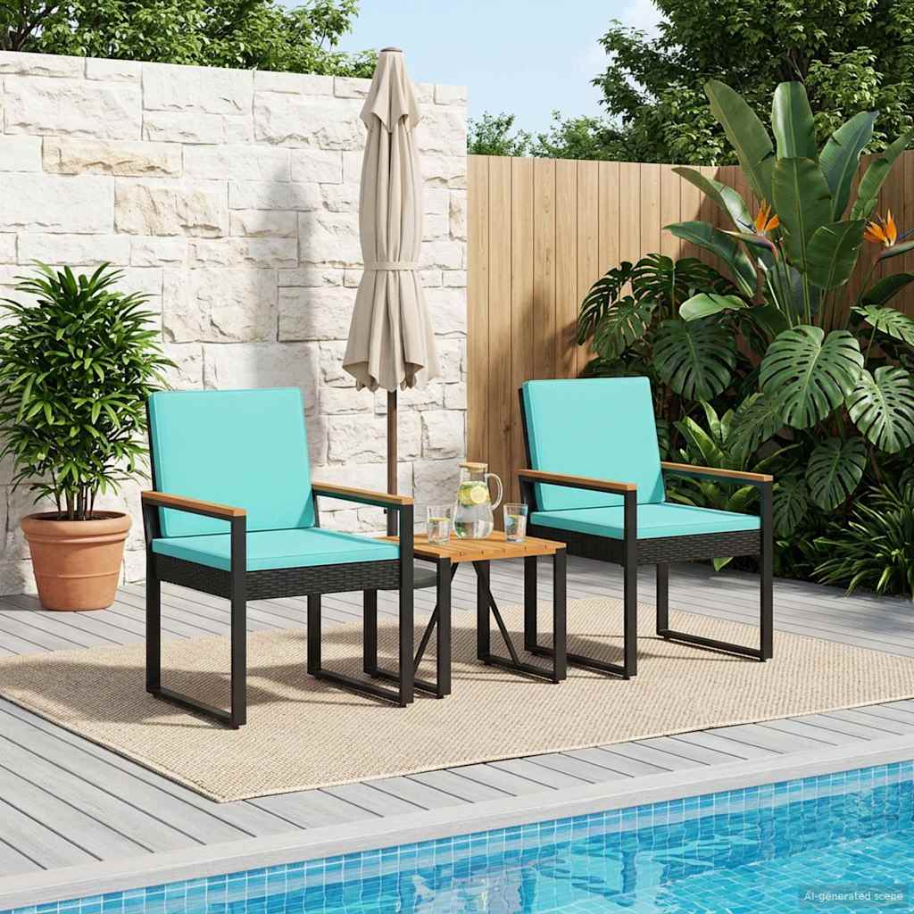 vidaXL Gartenmöbel Set mit Kissen 3 pcs Schwarz und Türkis Poly-Rattan