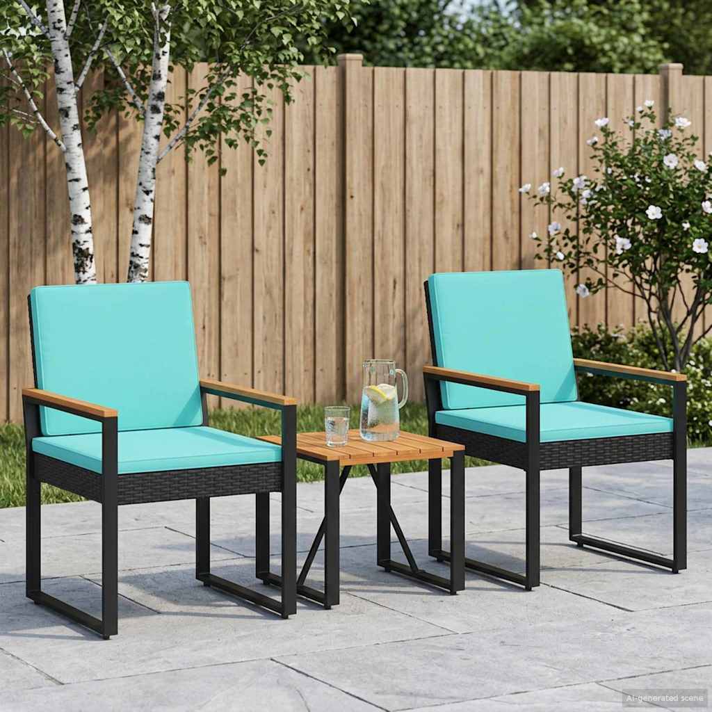 vidaXL Gartenmöbel Set mit Kissen 3 pcs Schwarz und Türkis Poly-Rattan