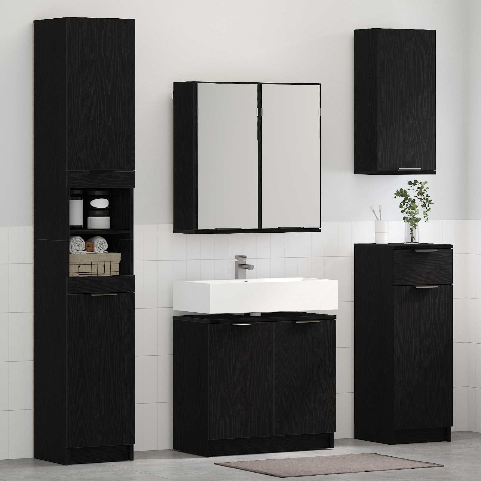 vidaXL Badezimmermöbel-Set 5 pcs Schwarz Eichen-Optik Holzwerkstoff