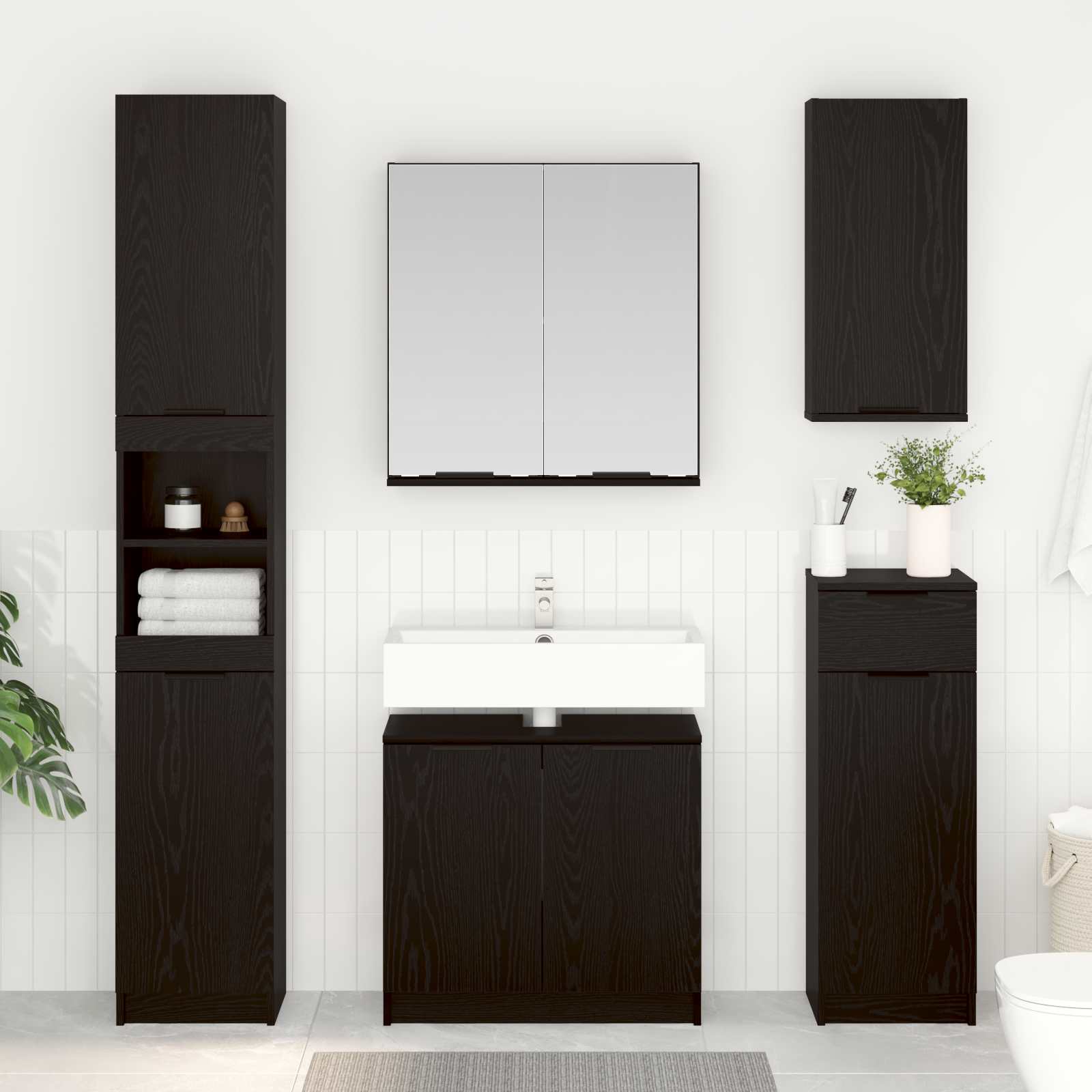 vidaXL Badezimmermöbel-Set 5 pcs Schwarz Eichen-Optik Holzwerkstoff