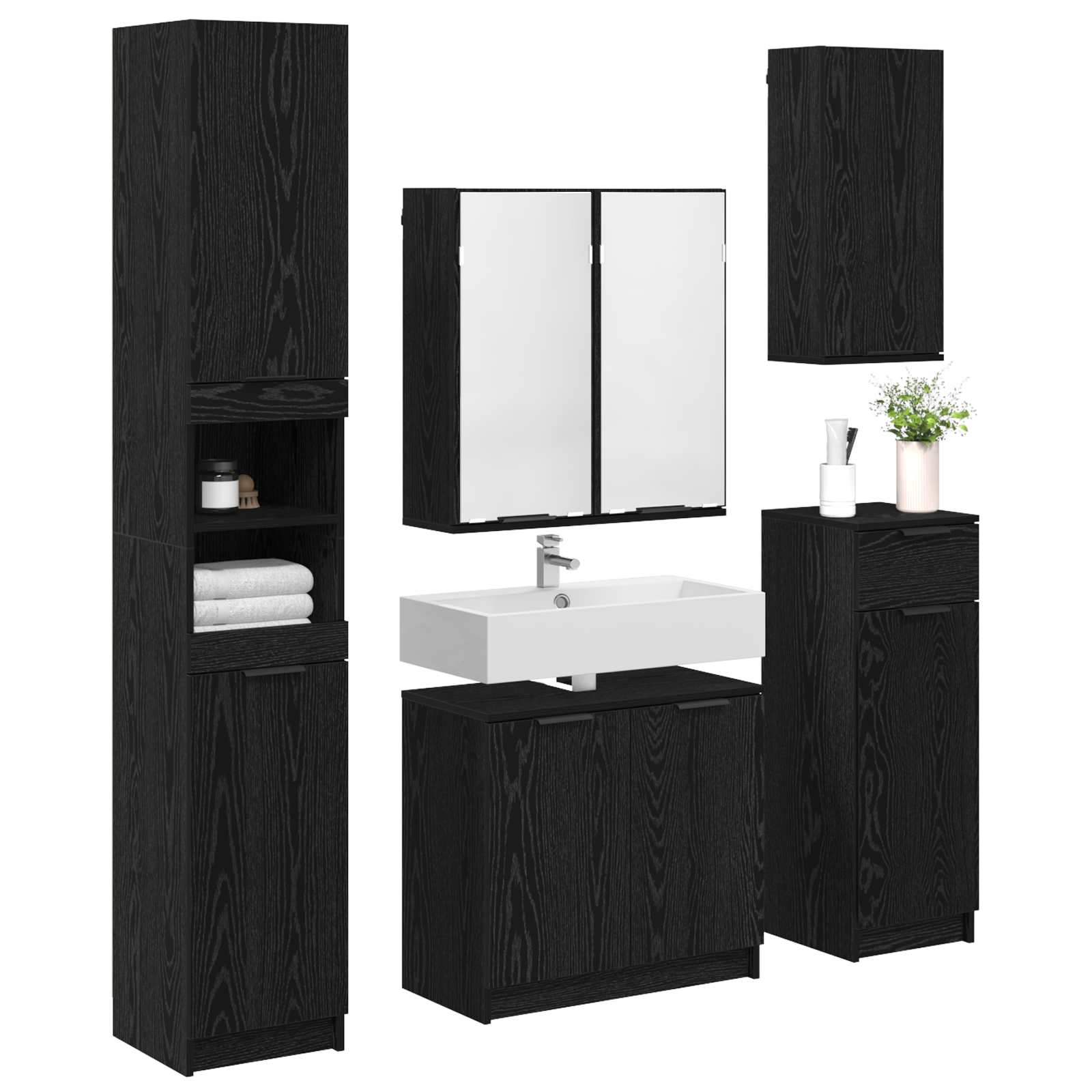 vidaXL Badezimmermöbel-Set 5 pcs Schwarz Eichen-Optik Holzwerkstoff