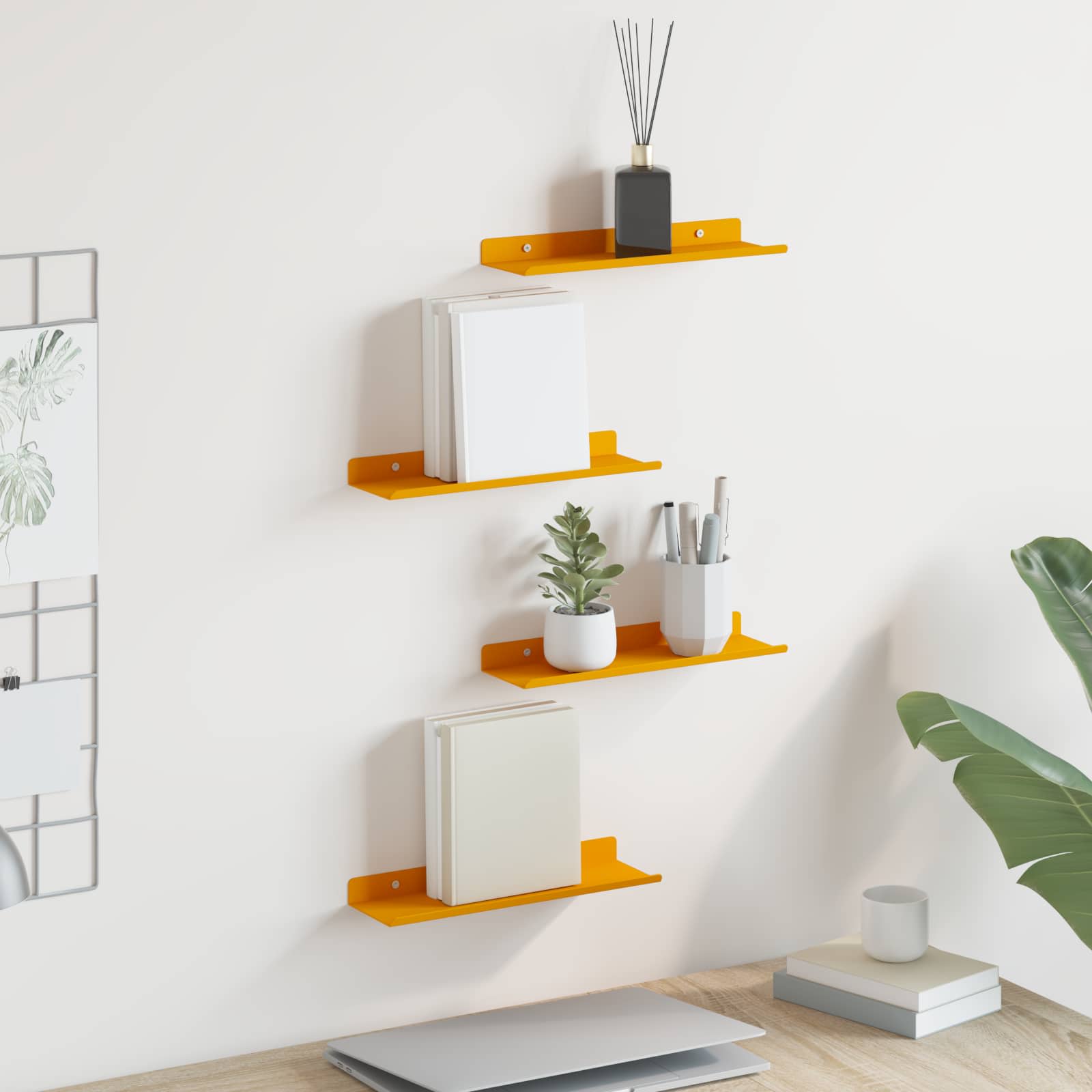 vidaXL Schwebendes Regal 4 pcs Senfgelb 30 x 9 x 2,5 cm Stahl